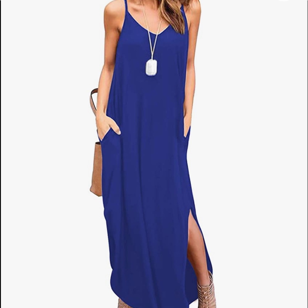 ✨Summer Casual Sleeveless V Long Cami Maxi Dresses with Pocket Sapphire Blue